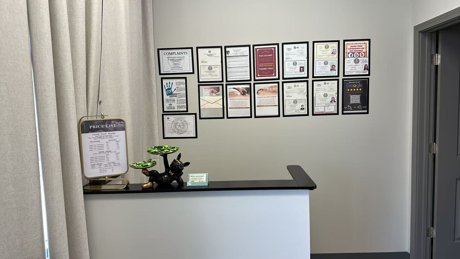 Front desk and professional certificates at Trusted Touch Massage